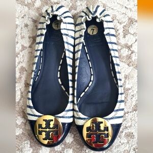 Tory Burch Serena Stripe Snake Skin Ballet Flats Sz 7 Navy Blue White
